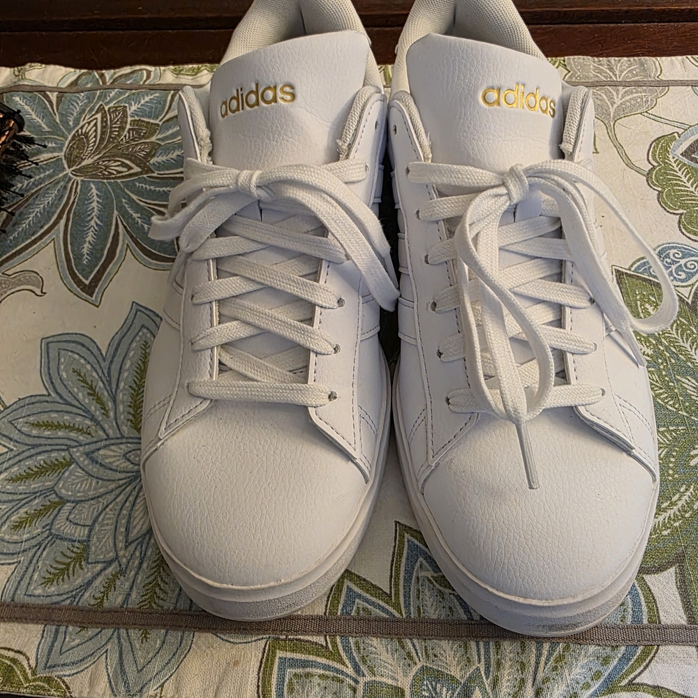 Adidas White Sneakers with Gold Logo